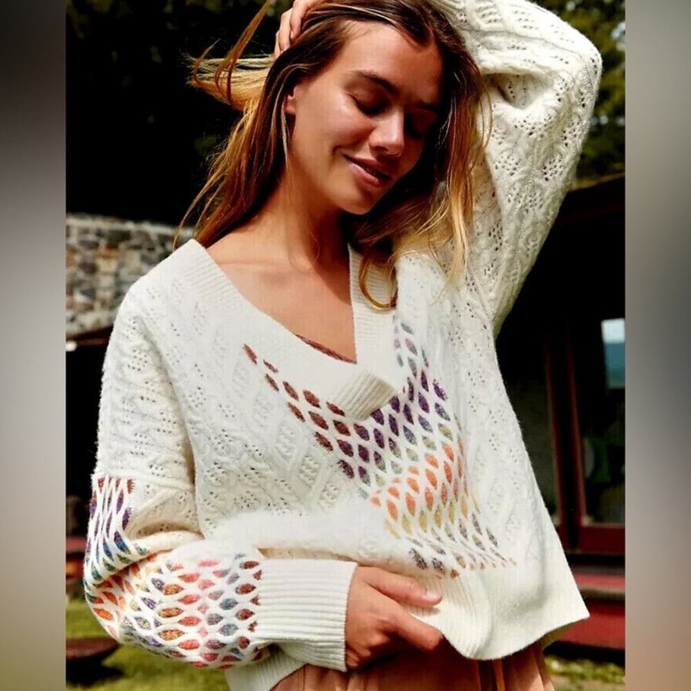 Anthropologie Maeve V-Neck Cable Knit Wool Colorful Sweater Size Medium